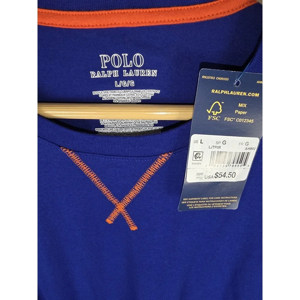 Polo Ralph Lauren Sleep Shirt Blue Orange Stitch Cotton Men's Large Long Sleeve